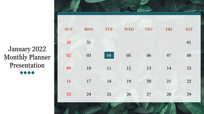 Clean planner layout for January 2022 with red-colored Sundays and dark green highlight on selected date.