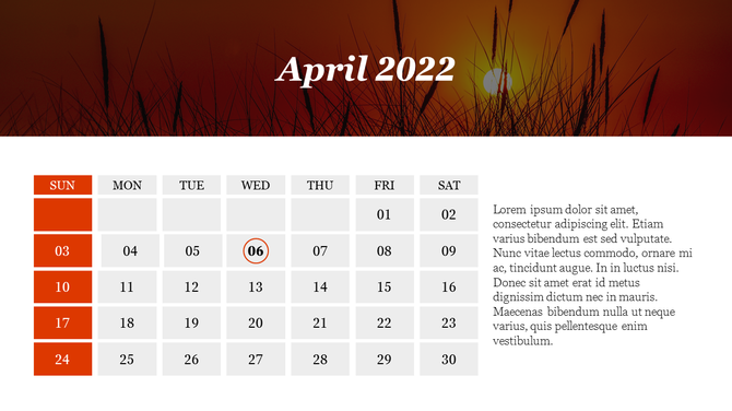 Calendar slide for April 2022 with dark orange sky backdrop, decorative text on right, and April 6 circled in orange.