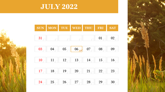 July 2022 calendar with golden header, highlighted July 6 with a checkmark, and background of tall grass at sunset.