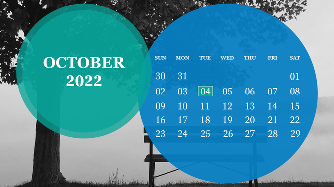 Stylish October calendar design with large colorful circles overlaying a black-and-white photo of a tree and bench.