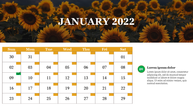 January 2022 calendar with a sunflower background each day has a number and a checkmark for completed tasks.