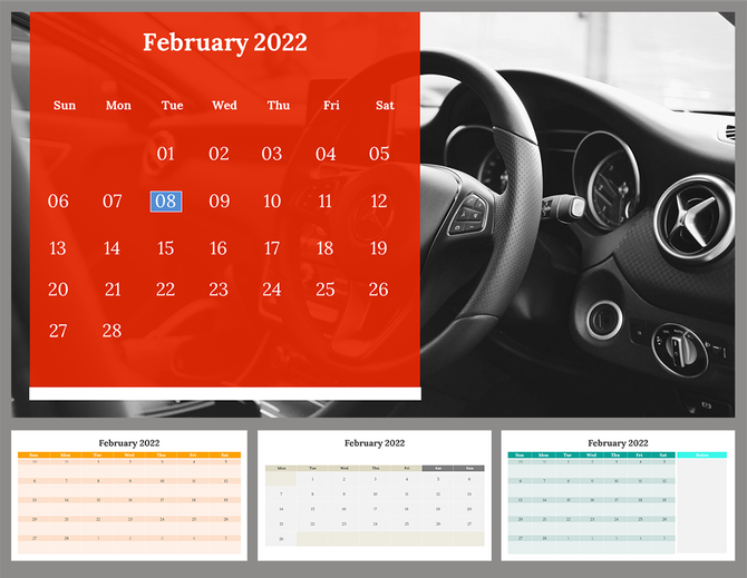 February 2022 planner featuring a main red-overlay version with car dashboard background and smaller layouts below.