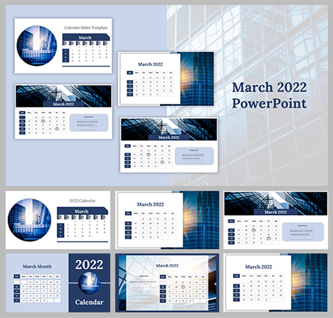 Modern March 2022 calendar PowerPoint slides featuring corporate design elements and calendar layouts.