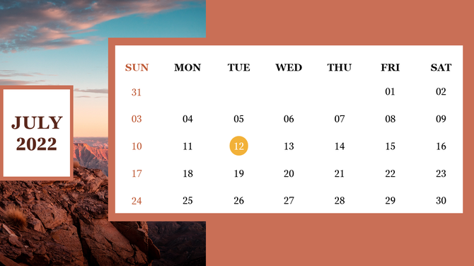 July 2022 calendar PowerPoint template with a scenic background and a highlighted date of the 12th.