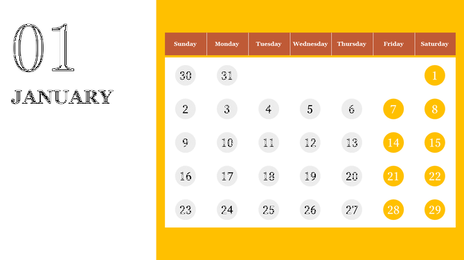 Monthly January calendar with Sunday to Saturday layout, highlighted weekends in yellow.