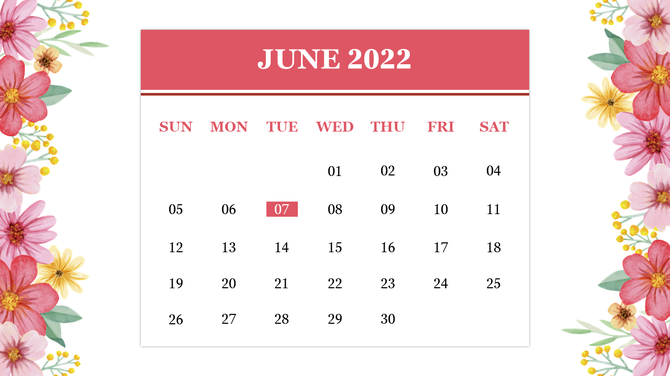 June 2022 calendar with a red header and highlighted date, surrounded by pink floral borders on the sides.