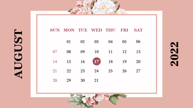 August 2022 calendar with floral accents, bold text and a pink background.