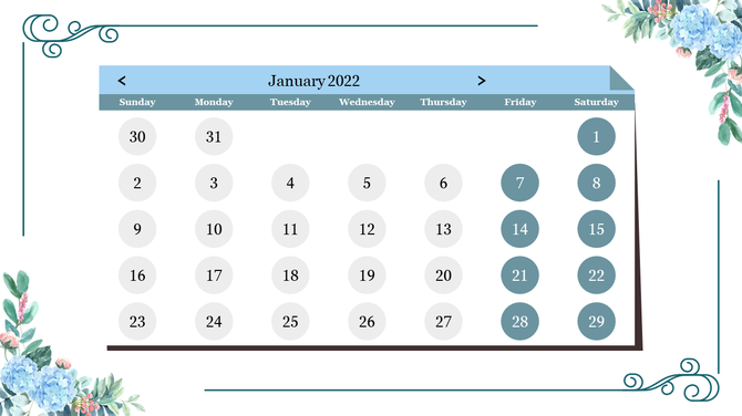January 2022 calendar with soft blue and green tones, featuring floral corners, and a clean grid of circular dates.