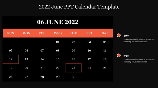 June 2022 calendar template with highlighted dates and descriptive notes on a dark background.