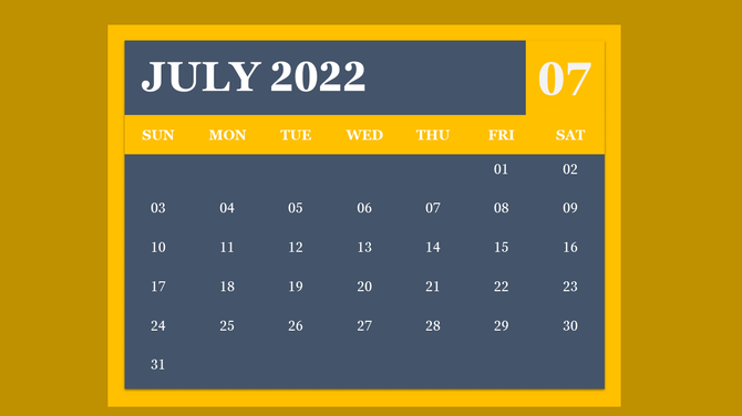 PowerPoint template for July 2022 calendar, featuring a bold yellow and dark gray color scheme.