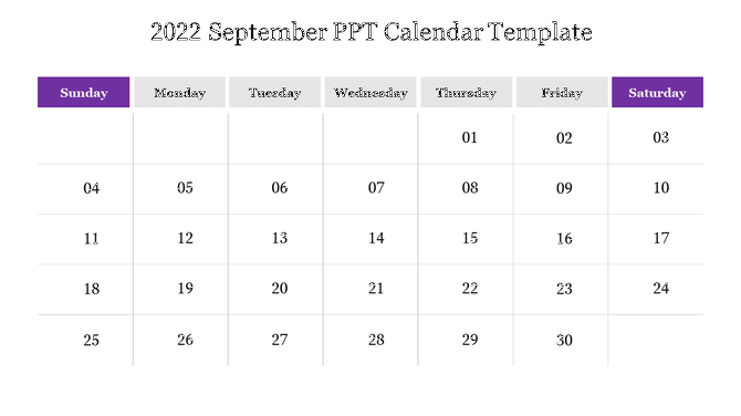 September 2022 calendar template with sunday and saturday in purple, and weekdays arranged in white columns.