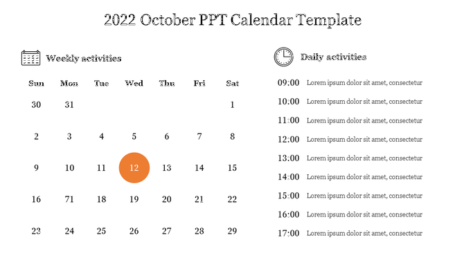 A calendar showing October 2022 with the 12th day highlighted, featuring weekly and daily activity sections on a white theme.