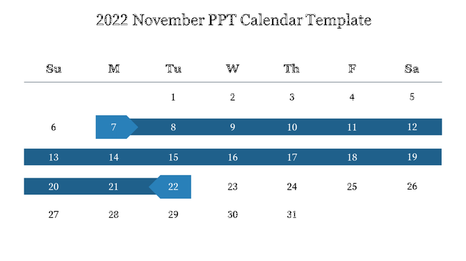 November 2022 calendar template with three event blocks from 7th, 13th, and 20th, marked using blue arrow shaped bars.