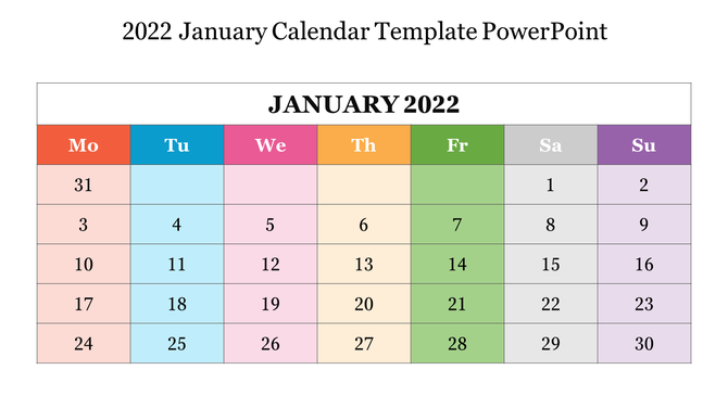 A colorful calendar showing January 2022 with each day highlighted in different colors, featured in a PowerPoint template.