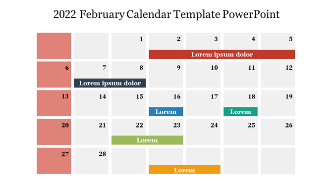 February 2022 calendar with red, navy, blue, green, lime, and orange event bars placed across specific dates.