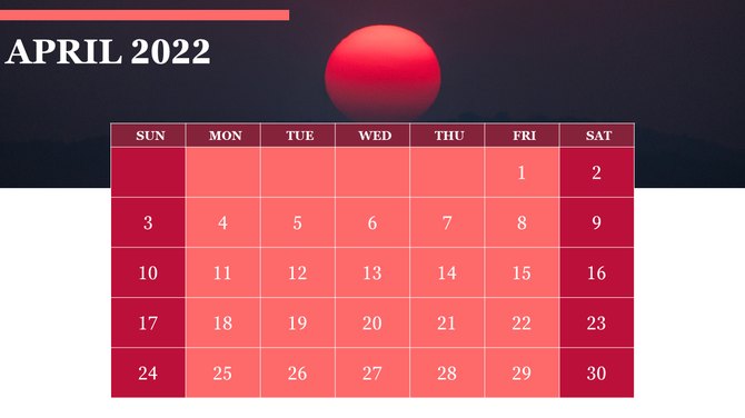 April 2022 calendar with a gradient red and purple background featuring a sunset, and a clean grid with color coded days.