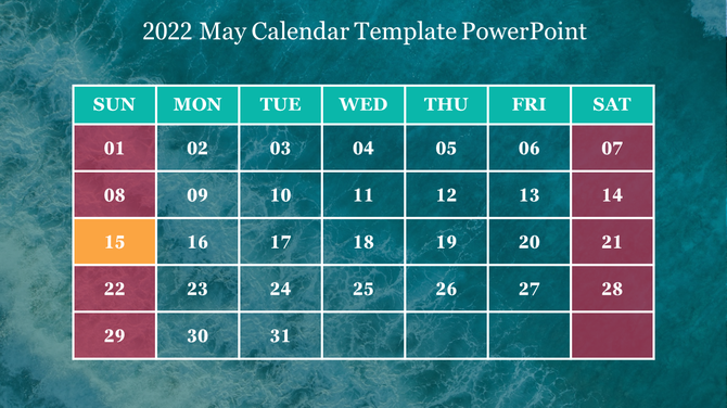Teal-themed May 2022 calendar with emphasis on Sundays in maroon and May 15 marked in orange.