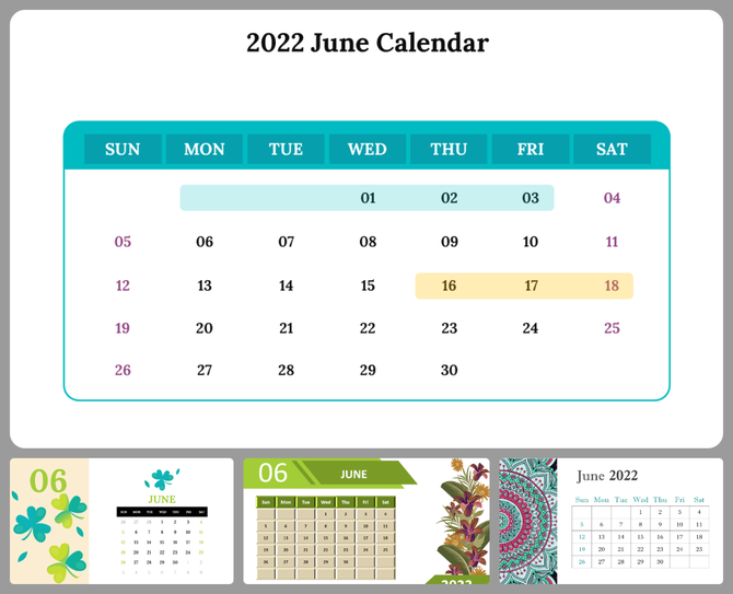 Slide deck featuring June 2022 calendars in varied styles, including standard, floral, and patterned layouts.