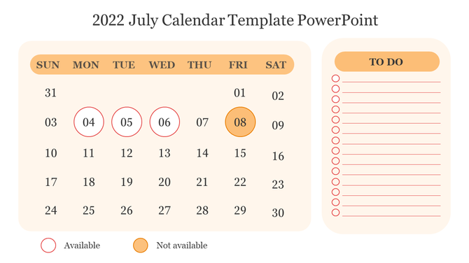 Monthly calendar for July 2022, highlighting availability with red and orange indicators placed in a beige background.