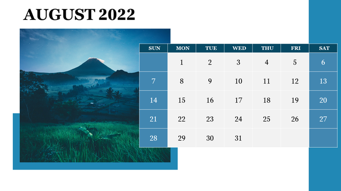 August 2022 calendar with Sundays and Saturdays shaded in blue, placed beside a scenic image of a volcano at dawn.