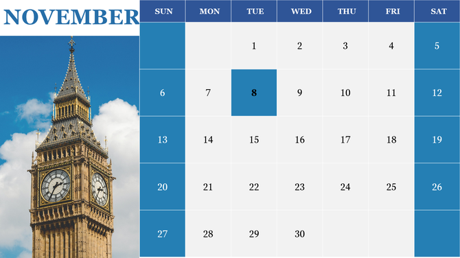 November calendar design with selected days in blue and a photo of Big Ben under a partly cloudy sky.