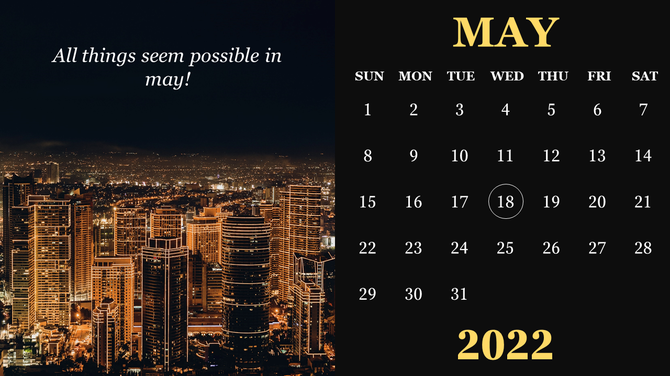 Split calendar design for May 2022 with a city skyline at night on the left and a black background calendar on the right.