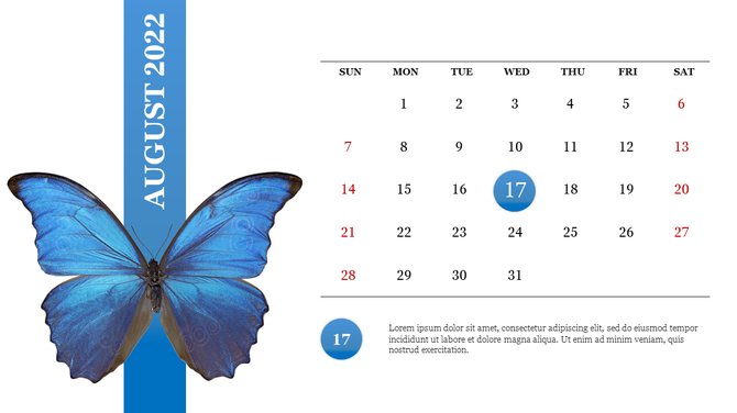 August 2022 calendar PPT template with a blue butterfly image and the 17th day highlighted with placeholder text.