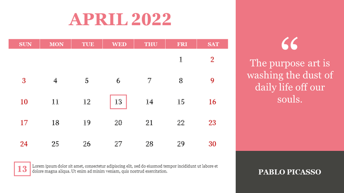 Minimal calendar for April with highlighted 13th, pink side panel featuring a quote, and a horizontal date detail below.