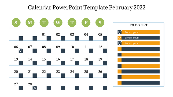 February 2022 calendar with a blue and green color scheme, featuring checkmarks for completed tasks and a to do list section.