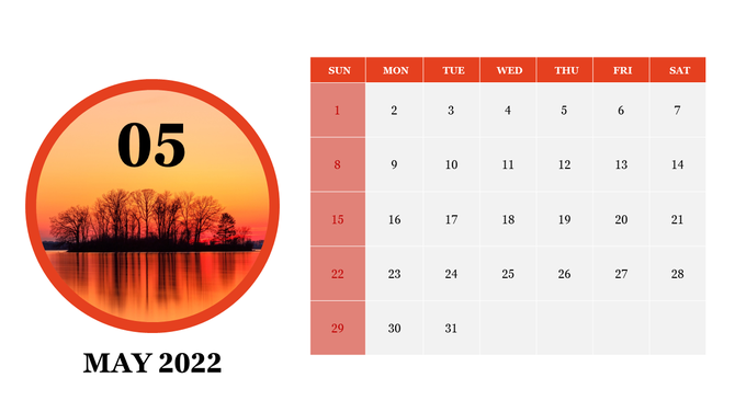 May 2022 calendar with a vibrant sunset image inside a circular frame, with a red and white color scheme for the date grid.