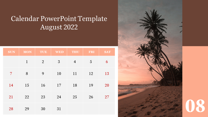 August calendar layout with peach toned date grid on the left and a sunset beach scene with palm trees on the right.