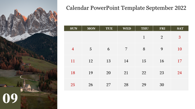 September 2022 calendar with green tones, featuring red weekend dates and a scenic mountainous background with a village.