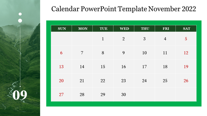 November 2022 calendar template in PowerPoint with highlighted weekends in red.