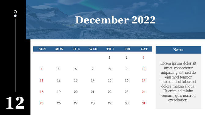 December calendar with blue theme, mountain photo header, date grid in the center, and a notes section on the right side.