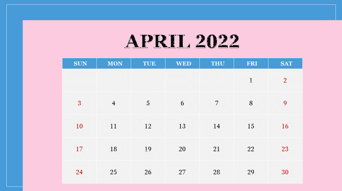 April 2022 calendar with blue header rows, a pink background, and weekend dates in red, framed by a large blue border.