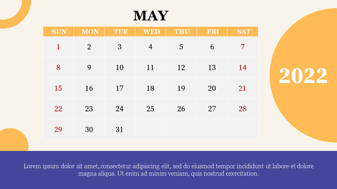 May 2022 calendar design featuring warm orange headers, red-highlighted weekend dates, and a purple text block at the bottom.