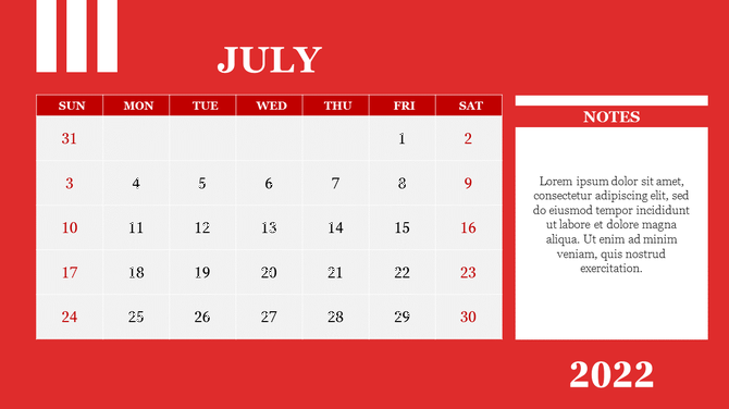 July 2022 calendar slide with a red background, white grid for dates, and a notes section on the right side.