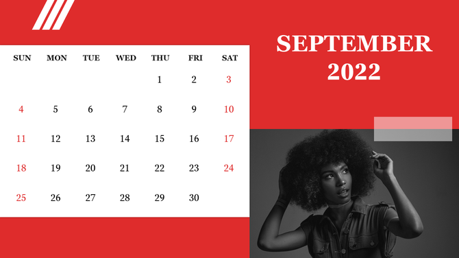 Bold red September calendar with a white date grid on the left and a grayscale portrait of a woman on the bottom right.