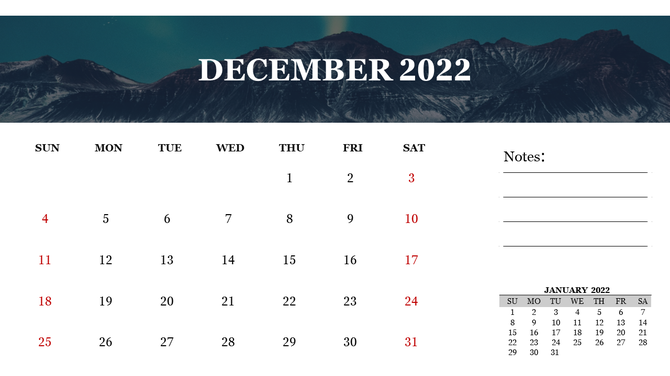 December calendar with mountain header, a clean date grid, notes section on the right, and a small preview of January 2023.