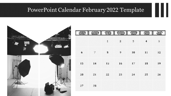 February 2022 calendar PowerPoint template with a photography studio background and studio lighting setup.
