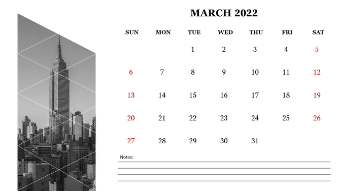 Minimal March 2022 calendar featuring grayscale skyscraper photo with diagonal overlays and lined note section below.
