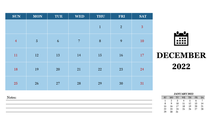 December 2022 calendar featuring light blue date boxes, black calendar icon on the right, and note section at the bottom.