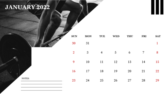 January 2022 calendar with a black and white photo of a person lifting weights, red weekend dates, and a notes section below.