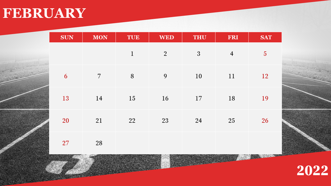 February 2022 calendar PPT template with a red athletic track background and bold red highlights on key dates.