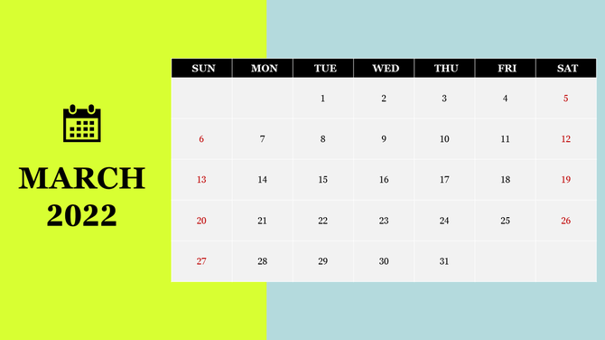 Bold March calendar layout featuring neon yellow and pale blue split background with date grid and calendar icon.
