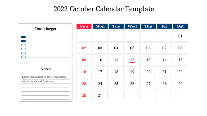 October 2022 calendar with bold red Sundays, October 12 underlined, and a sidebar for reminders and notes.