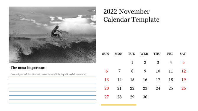 November calendar with grayscale surfer image on the left, lined notes section below, and clean date grid on the right.