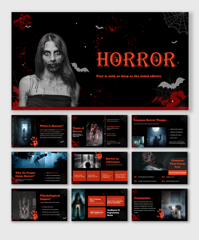 Horror PowerPoint template covering types, themes, psychology, elements of fear, audience impact, and trends.