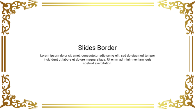 PowerPoint slide with ornate gold and brown fancy border design with a bold title text and a caption area at the center.