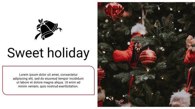 Christmas slide featuring a festive tree decorated with red ornaments and stockings, and a holiday message framed in box.